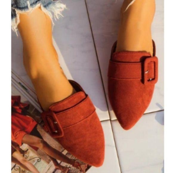 Shoes - Faux Suede Buckle Mule in Merlot